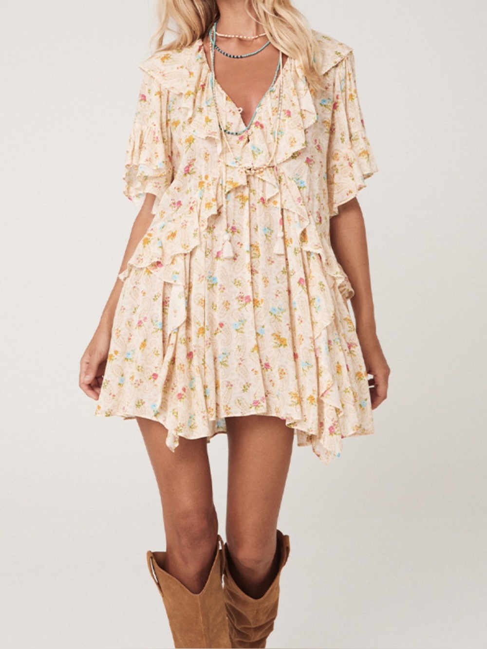 Spell Mini Dress Fleur Flutter Sleeve - Macaroon